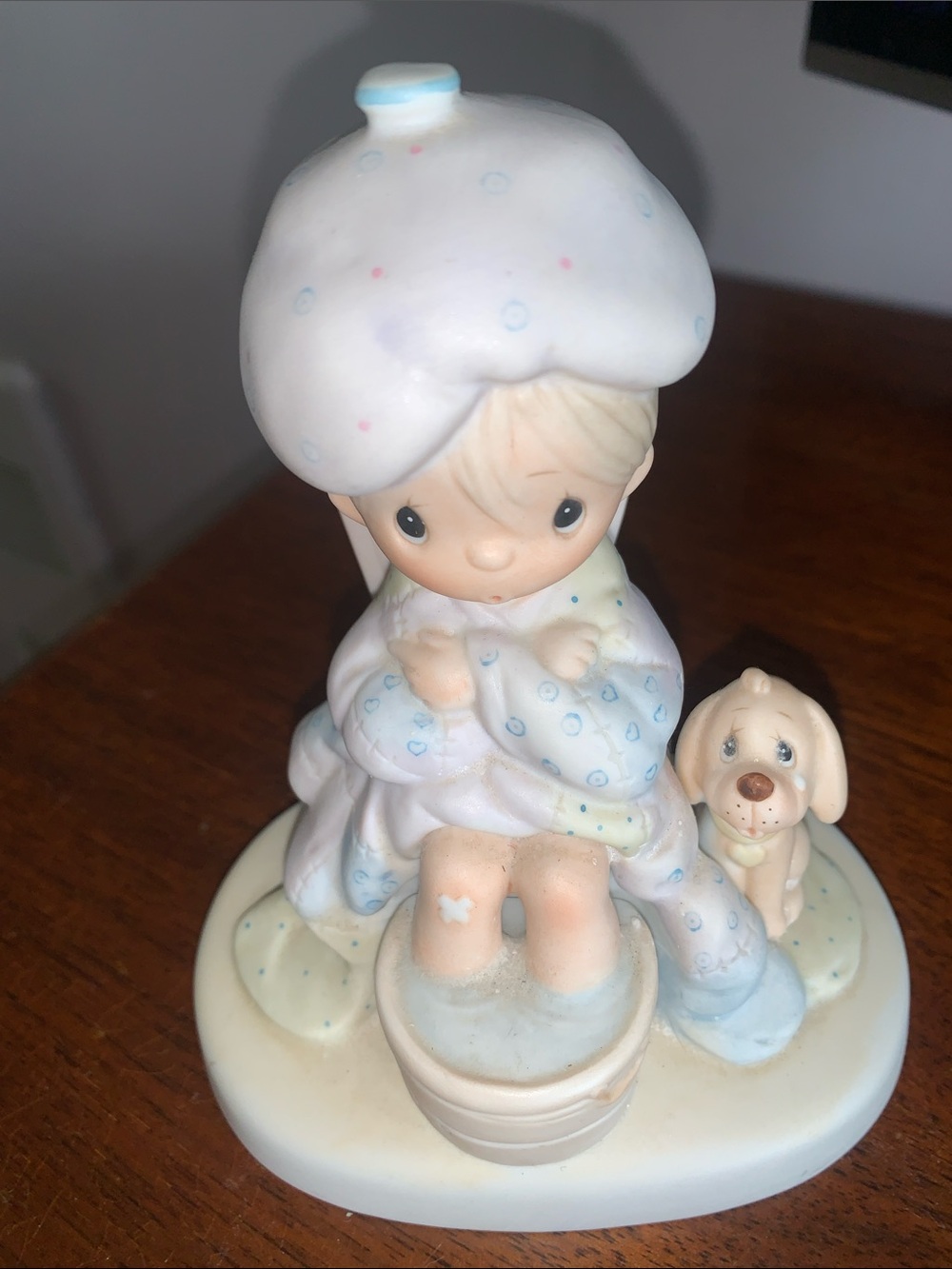 1981 Precious Moments Child with Dog Figurine in Pastel Blue and Cream